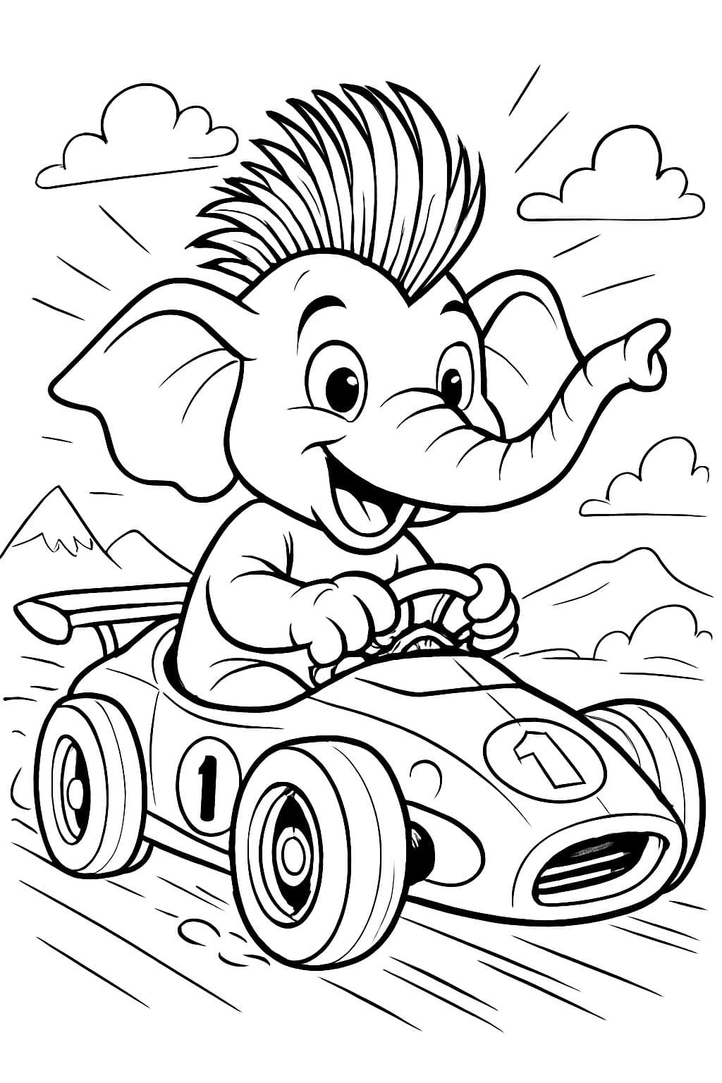 un éléphant avec une coiffure punk conduisant une voiture de course