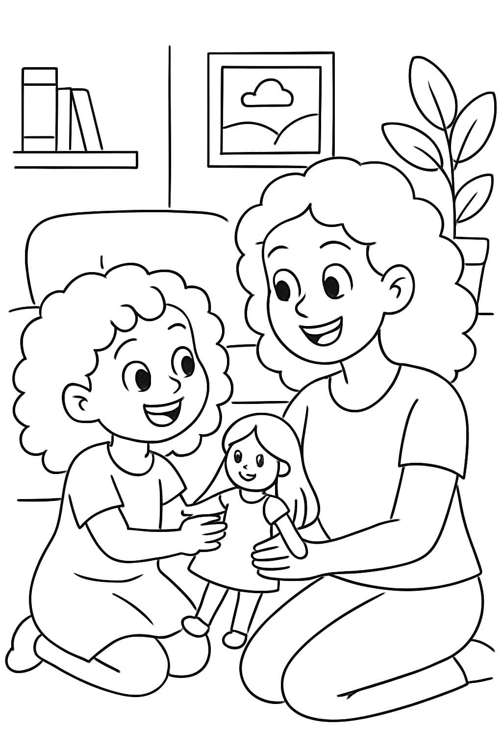 Niña de cabello rizado jugando muñeca con su mamá