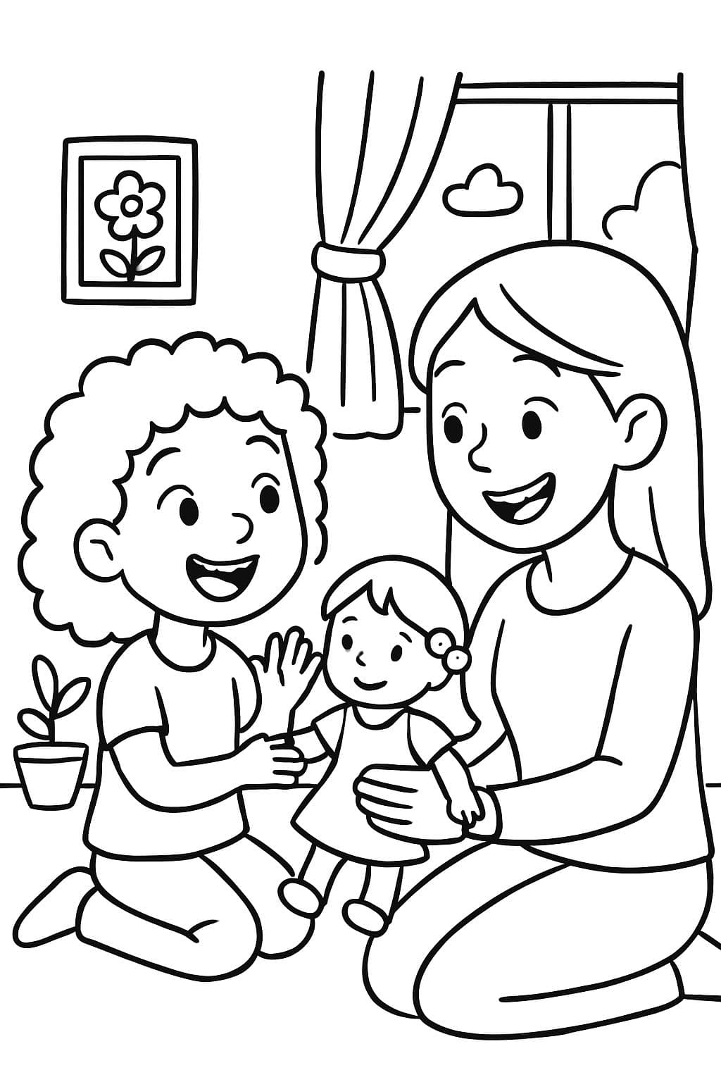 Niña de cabello rizado jugando con su mamá de cabello liso y una muñeca