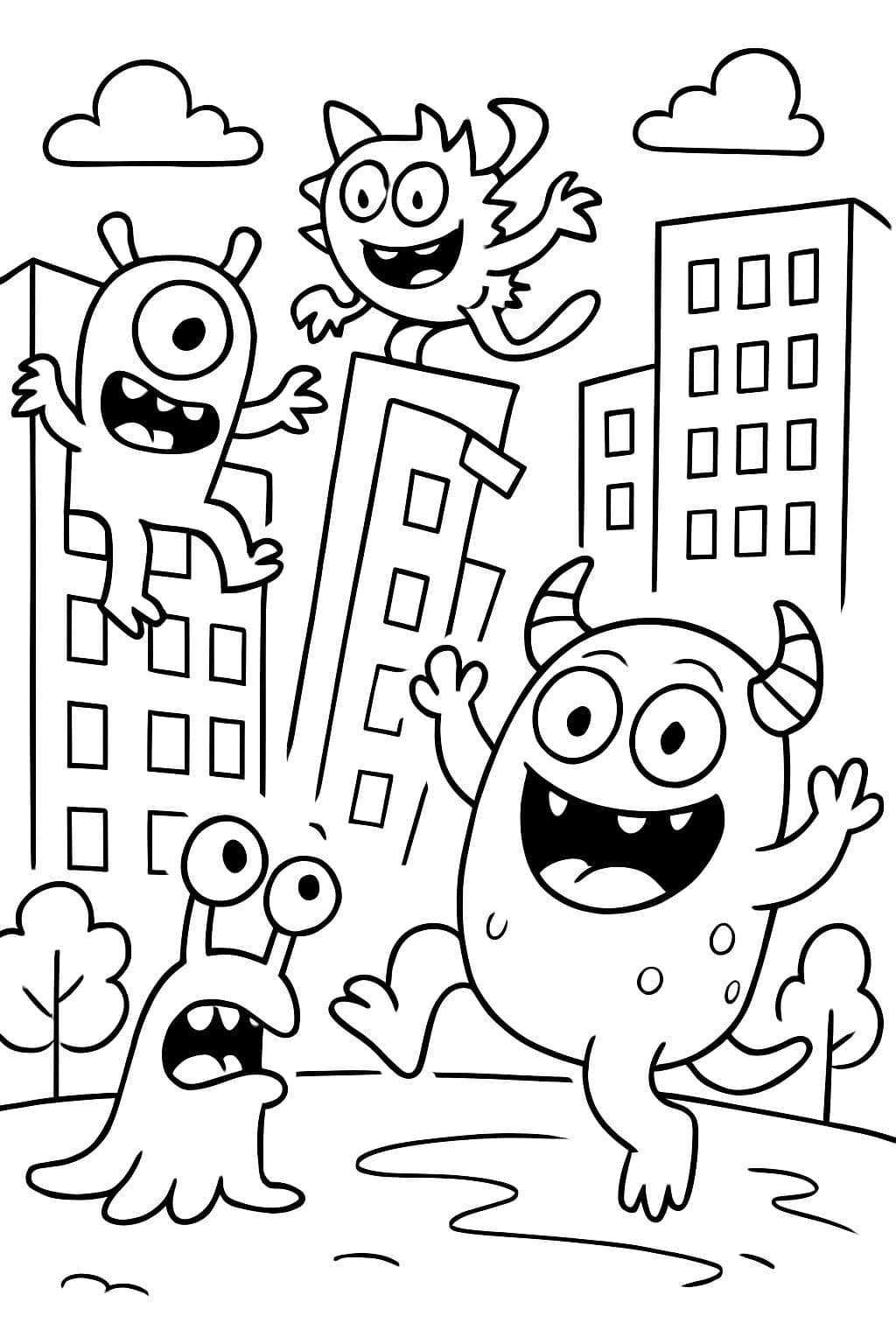 cuatro monstruos divertidos y juguetones, en blanco y negro, arte lineal, dibujo muy simple, libro para colorear para niños, sin sombras grises, fondo blanco, para colorear, solo contornos, monstruos al aire libre o en la ciudad, ((amplia variedad de monstruos haciendo cosas humanas)), ((múltiples estilos de monstruos rompiendo y escalando edificios: 5)): 1:1, ((un paisaje simple))