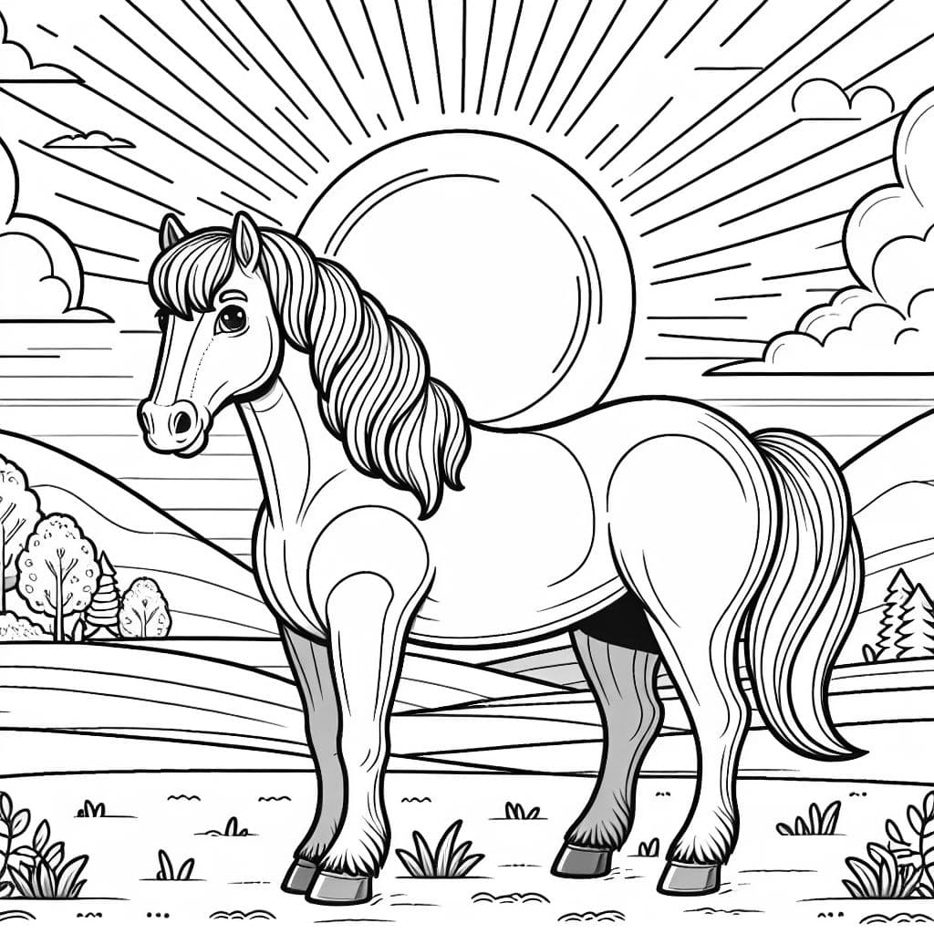 Un dibujo detallado de un caballo al atardecer.