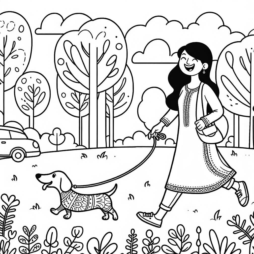 Una mujer paseando a su perro salchicha por el bosque