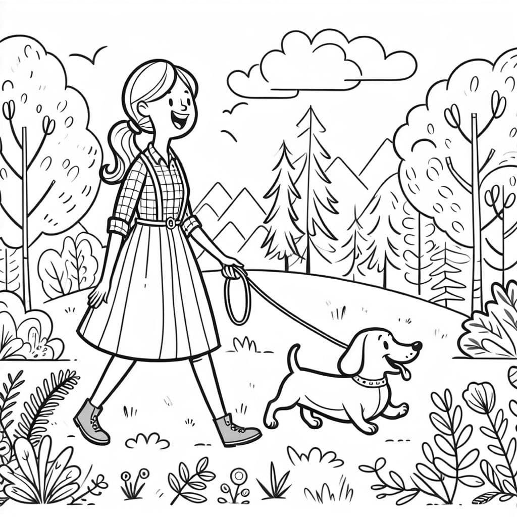 Une femme aux cheveux châtains clairs promenant son chien saucisse dans les bois.