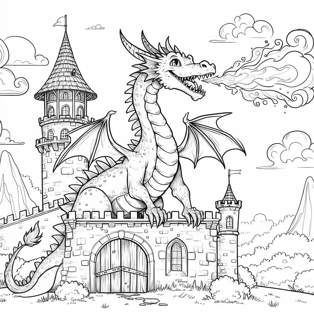 Un dragón que echa fuego en la cima de un castillo