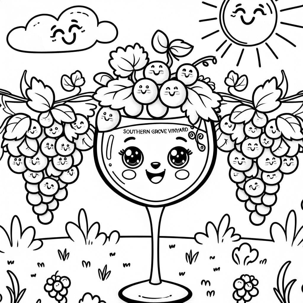 Copa de vino que dice Southern Grove Vineyard con uvas alrededor.