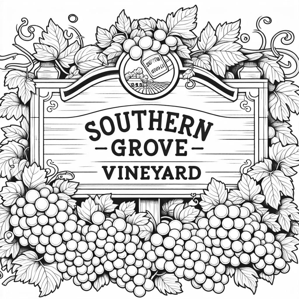 Cartel con Southern Grove Vineyard rodeado de uvas