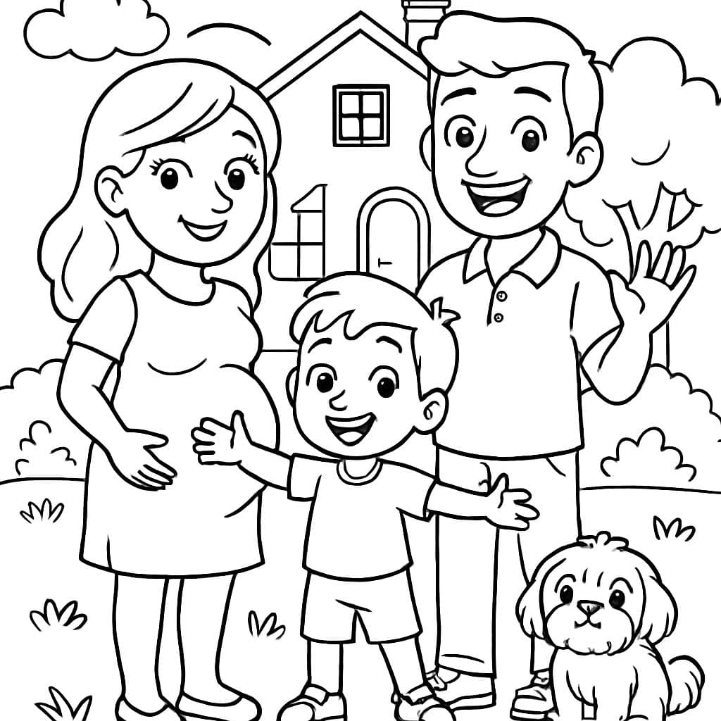 Una familia con una mamá embarazada, un papá y un niño pequeño. Tienen un perro Shih Tzu.