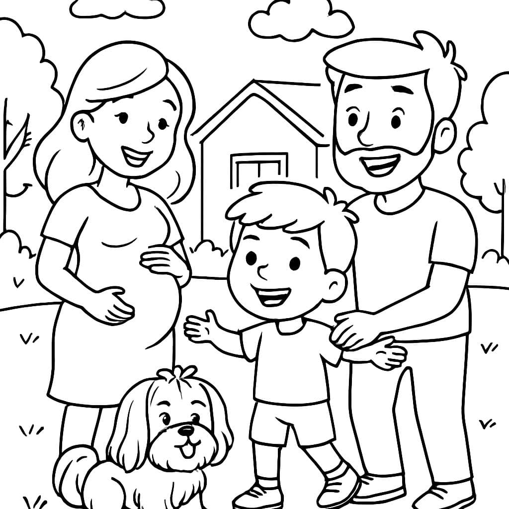 Una familia con una mamá embarazada, un papá y un niño pequeño. Tienen un perro Shih Tzu.