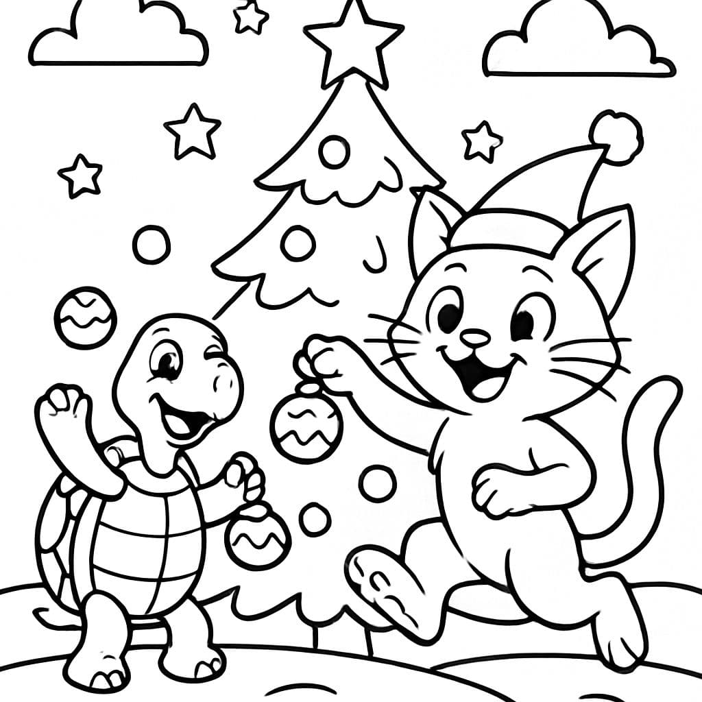Ein Weihnachtskätzchen und eine Schildkröte mit einem Weihnachtsbaum