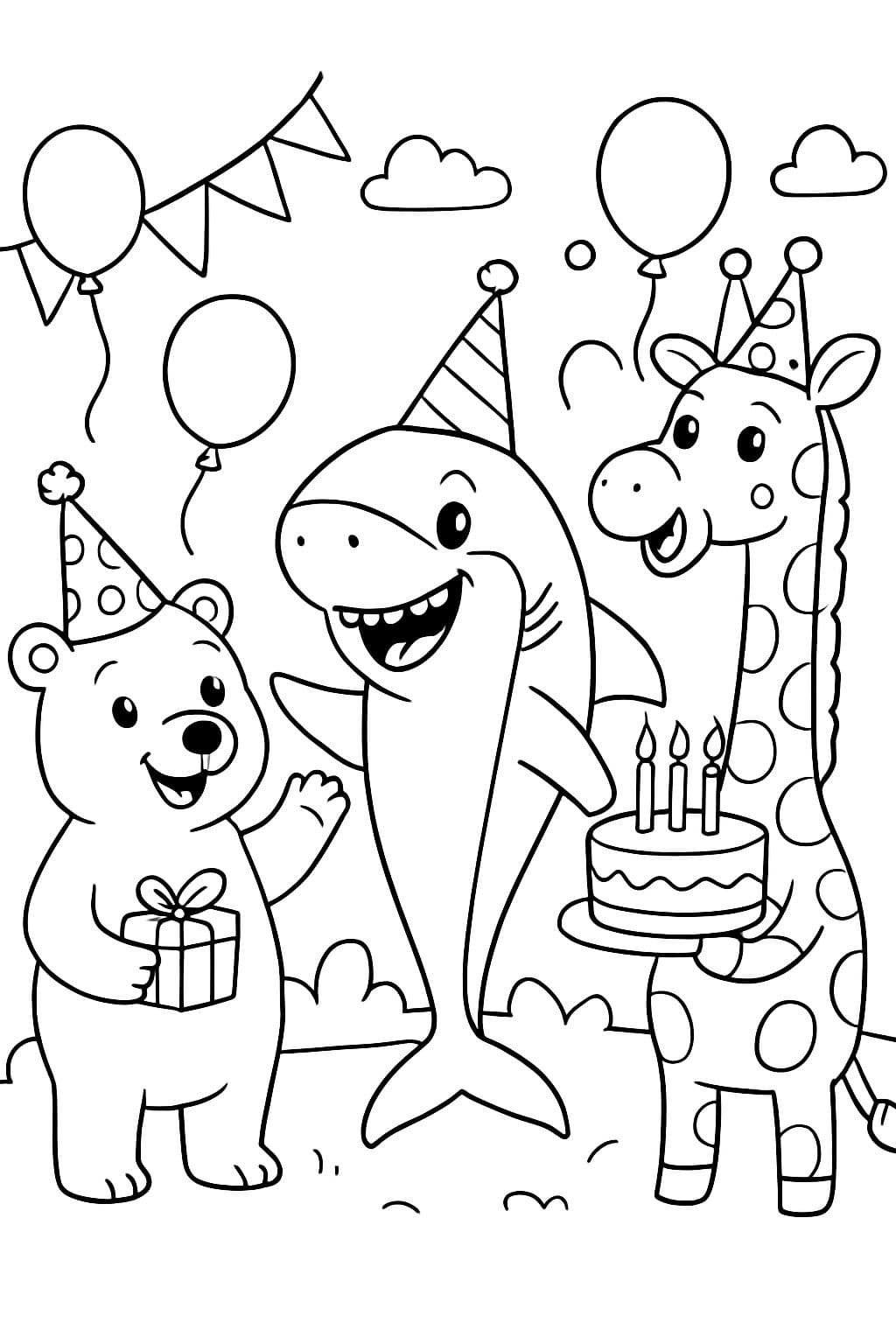 Un ours polaire, un requin et une girafe ayant une fête d'anniversaire.