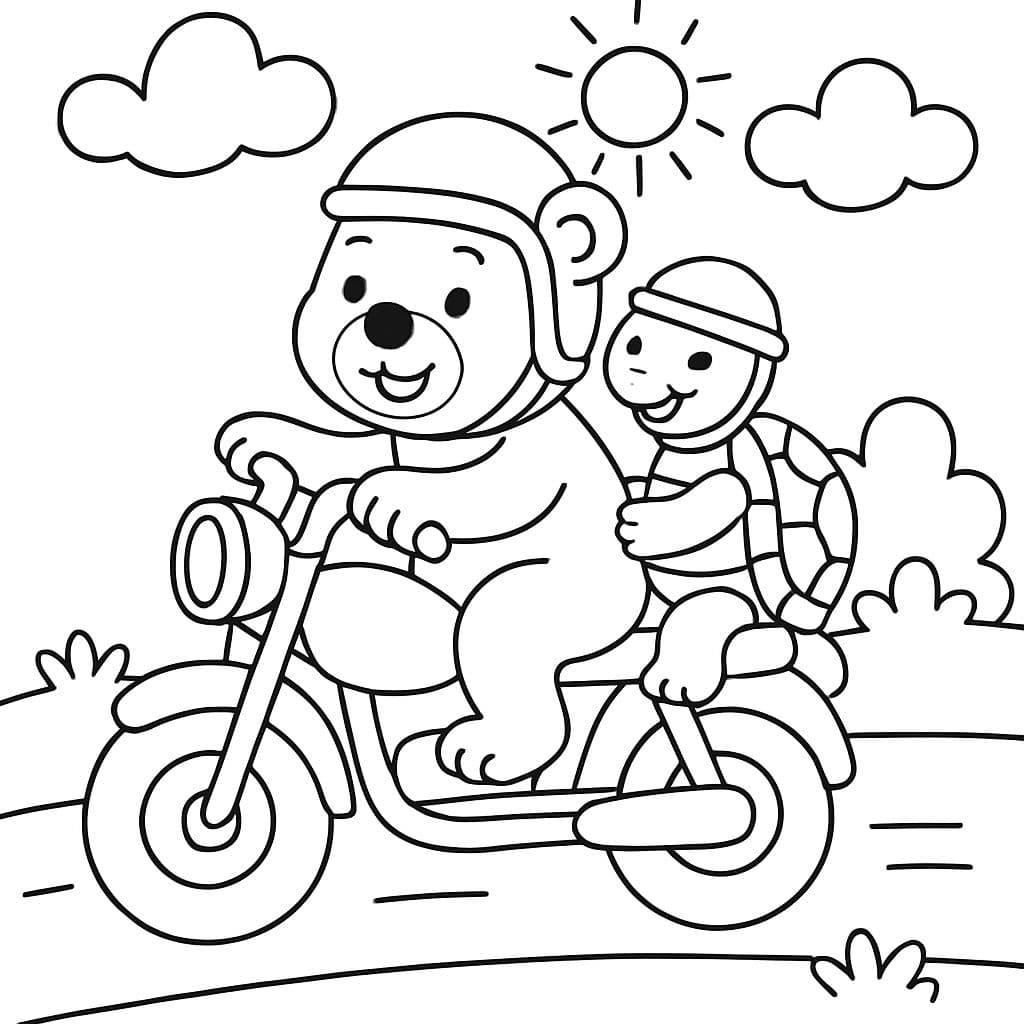 Una tortuga y un oso montando en motocicleta.
