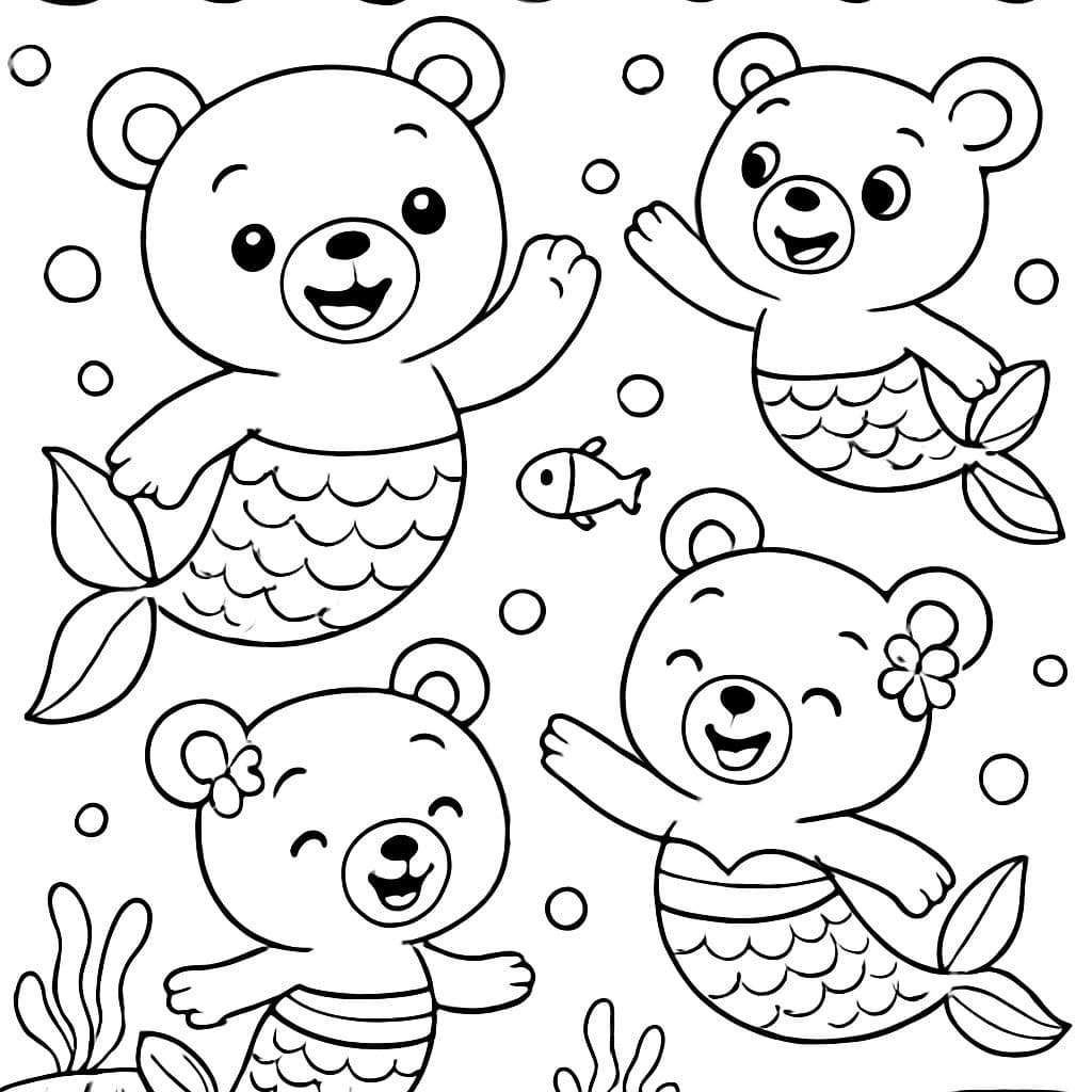 Cuatro osos sirenas en un viaje por el océano.