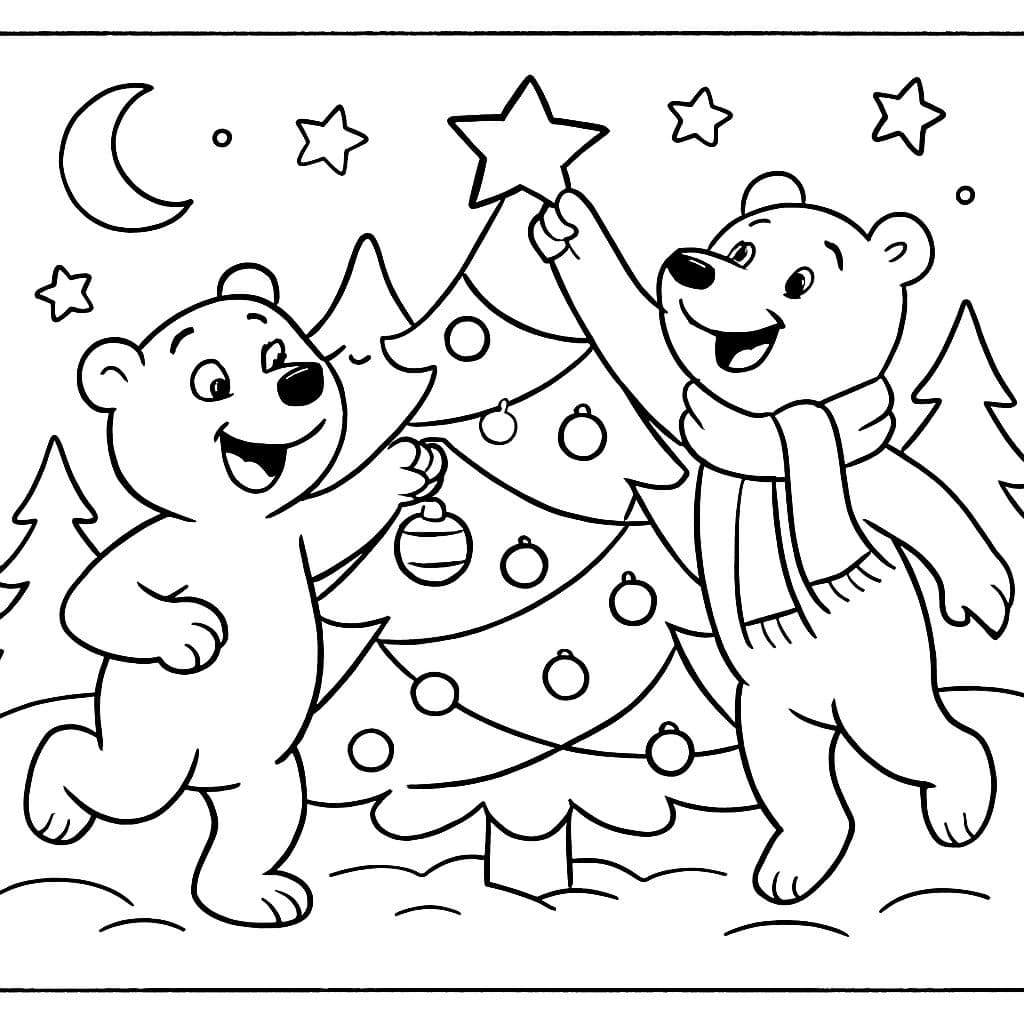 Ein Bär und ein Eisbär schmücken einen Weihnachtsbaum