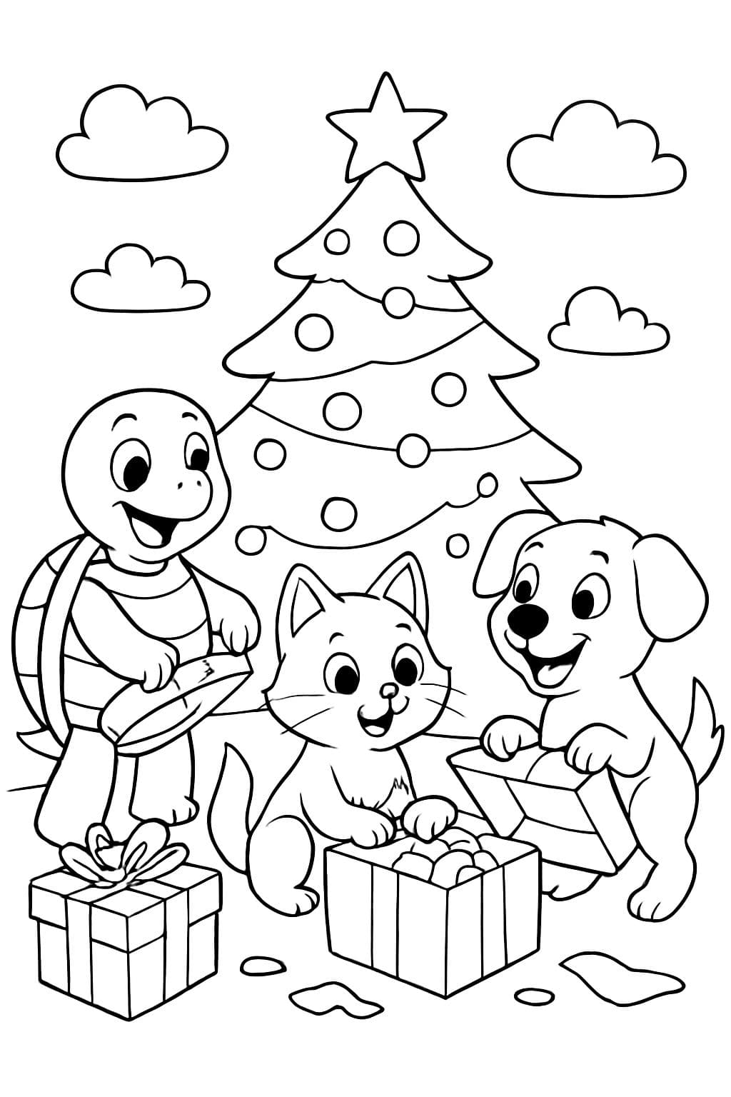A Christmas tree with a turtle and a kitty and a dog and a flareon opening presents.