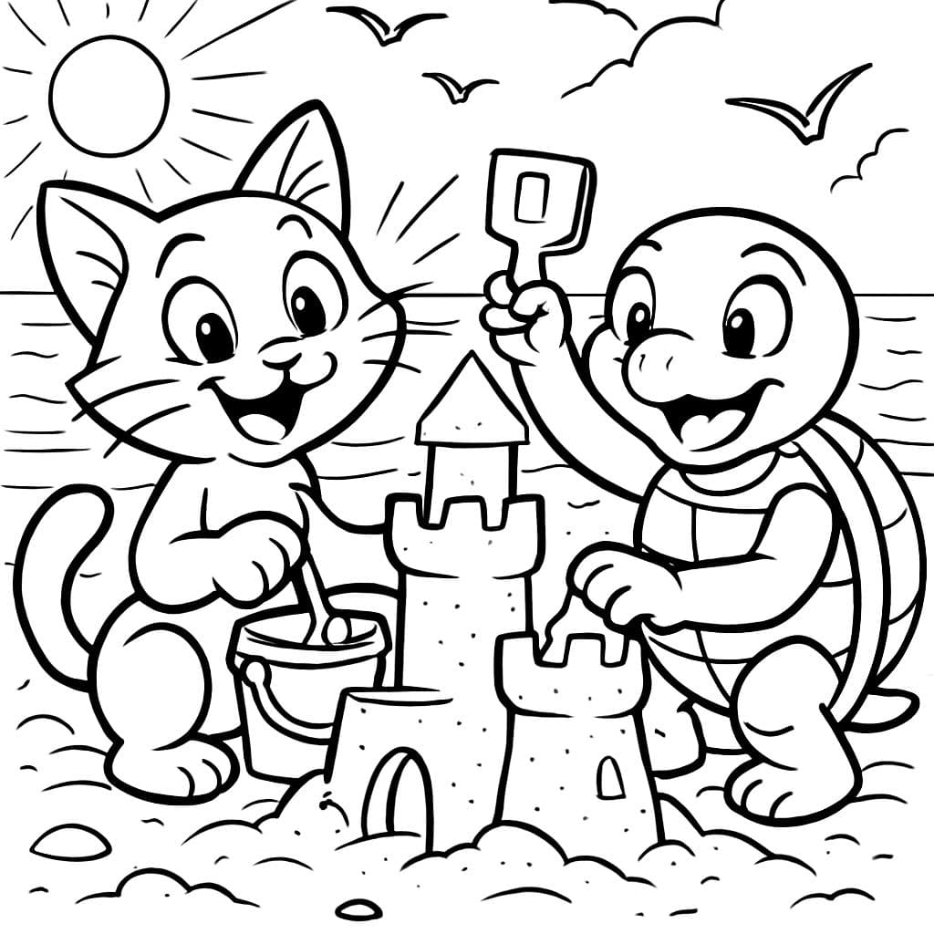 Un chaton et une tortue assis sur la plage à faire des châteaux de sable.