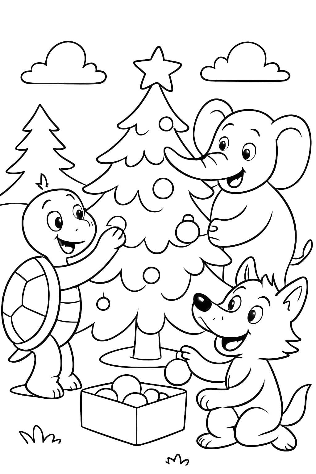Une tortue, un éléphant et un loup décorant un arbre de Noël.