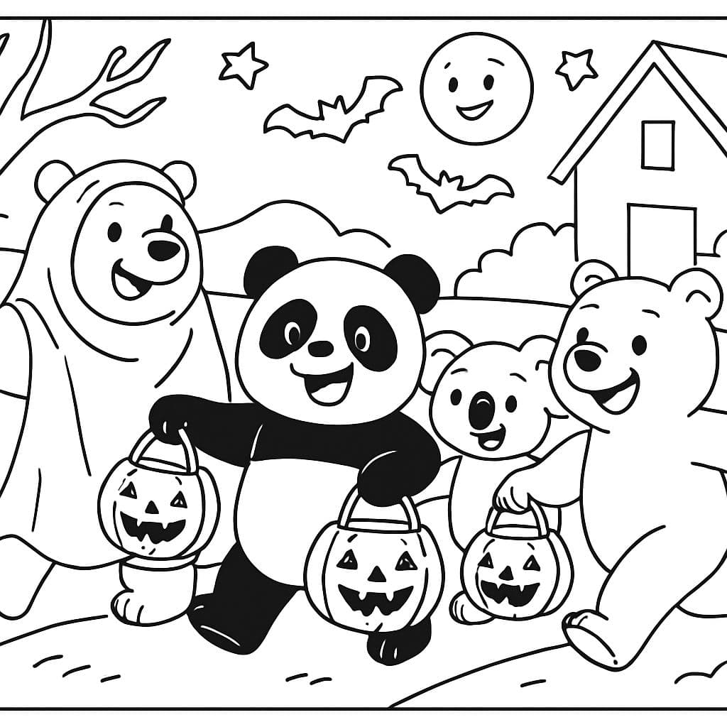 Un ours polaire, un ours panda, un koala et un ours grizzli qui font du porte-à-porte.