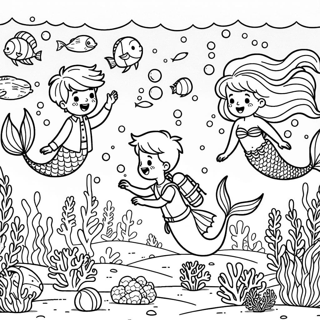 meerjungmann junge und zwei meerjungfrauen mädchen