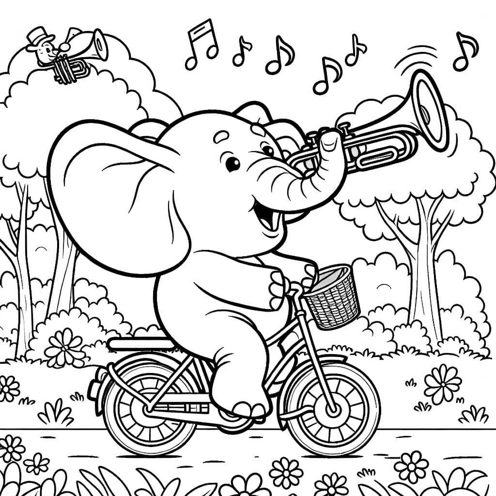 Einen Elefant der auf dem Fahrrad Trompete spielt