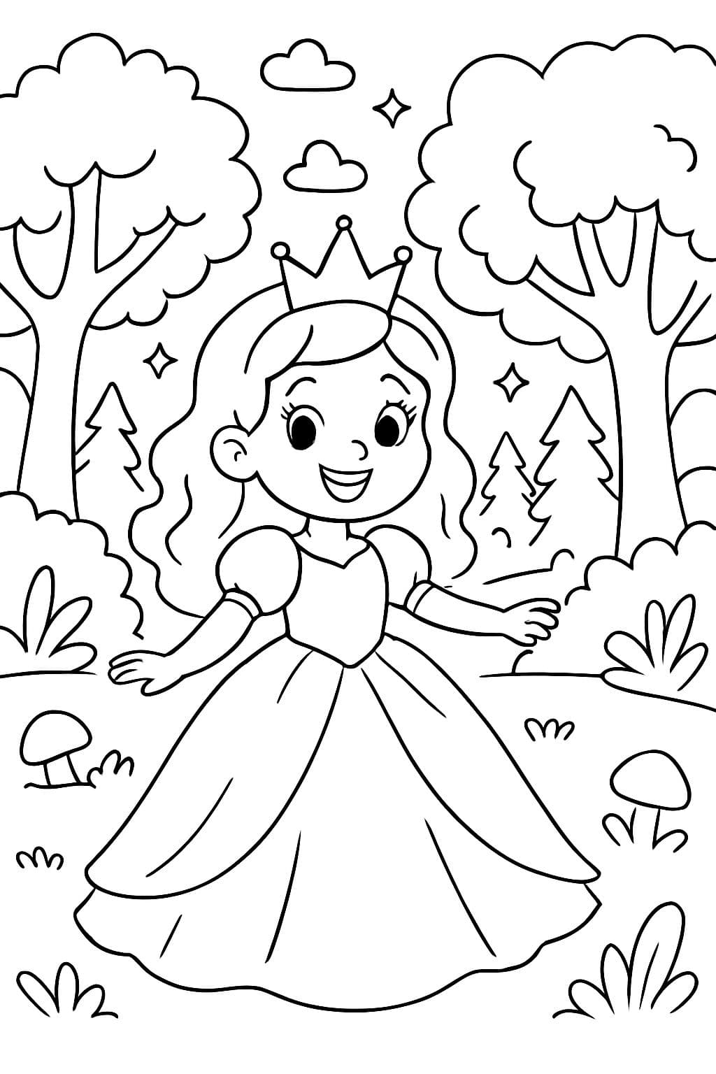 Eine Prinzessin in einem Ballkleid vor einem Zauberwald