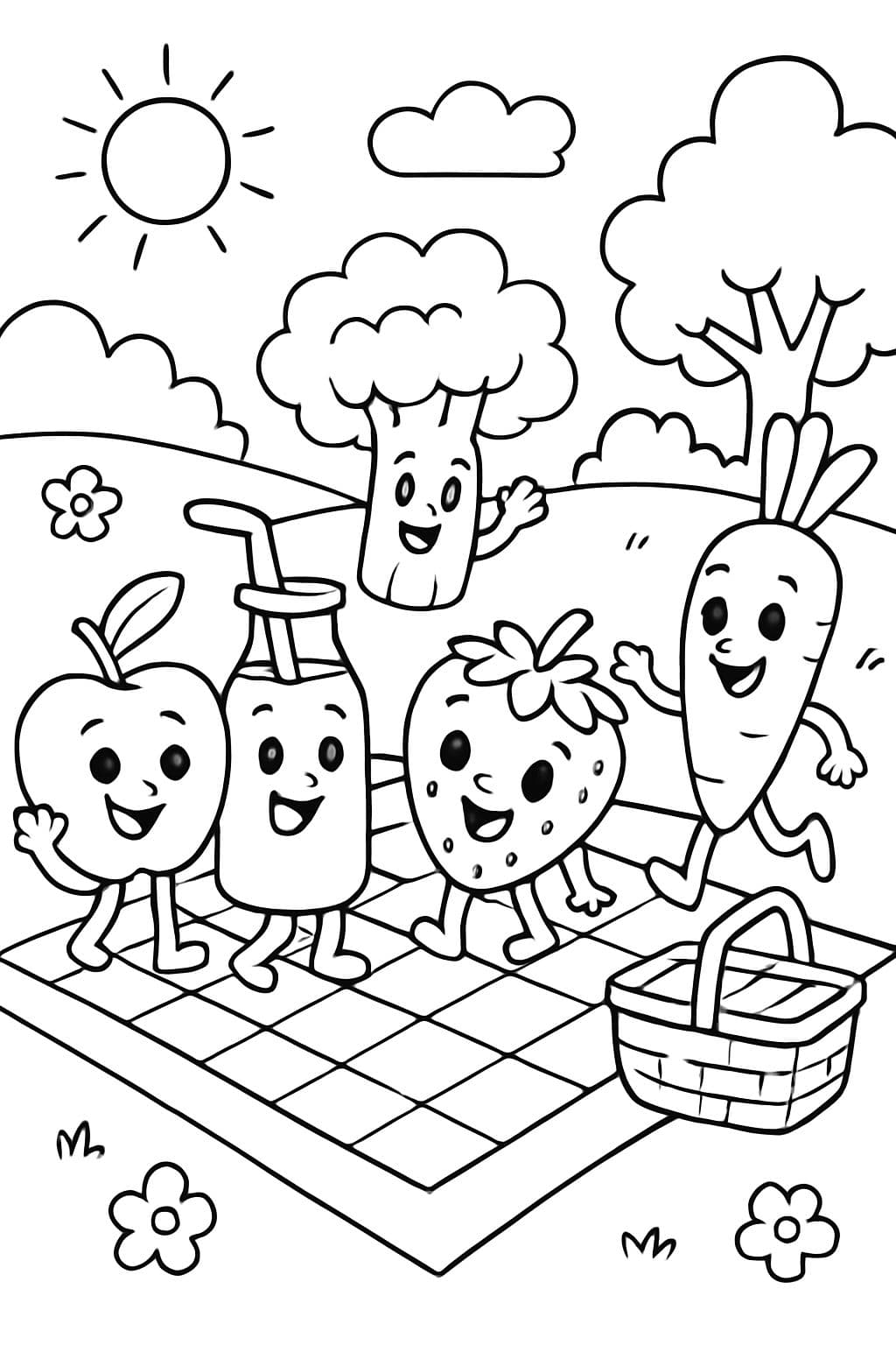 Des fruits, des légumes et des boissons transformés en personnages joyeux partant en pique-nique ou à l'aventure.