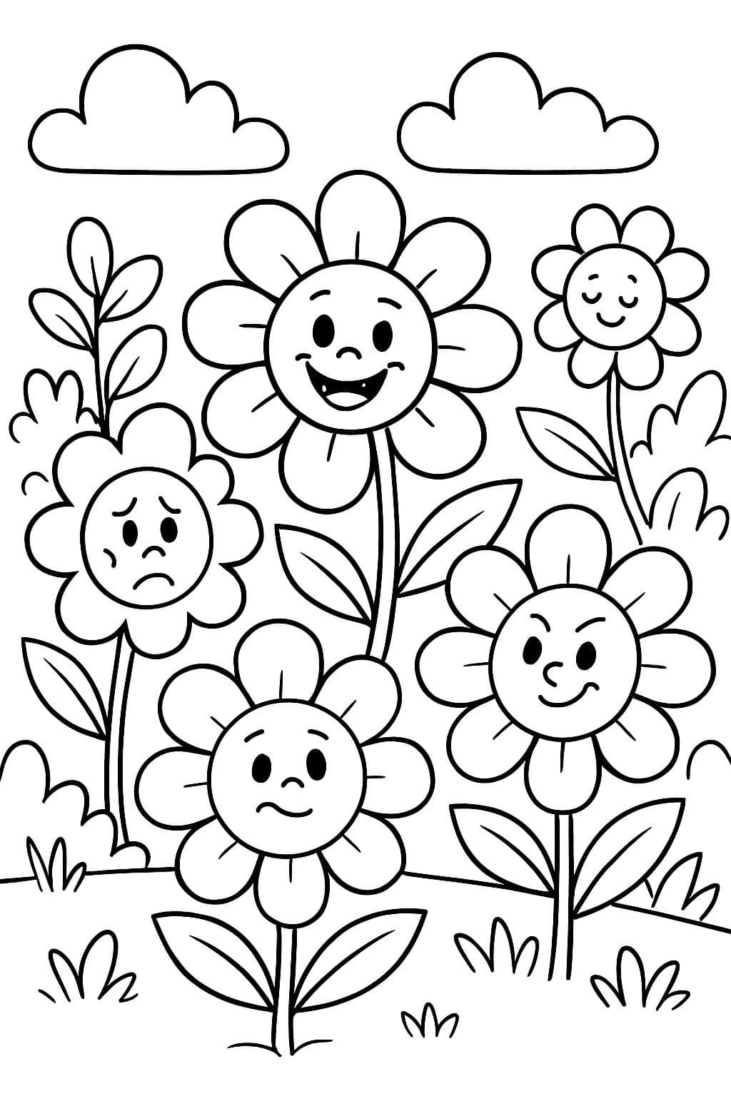 Feelings Garden: Flowers with faces showing different emotions (happy, nervous, brave).