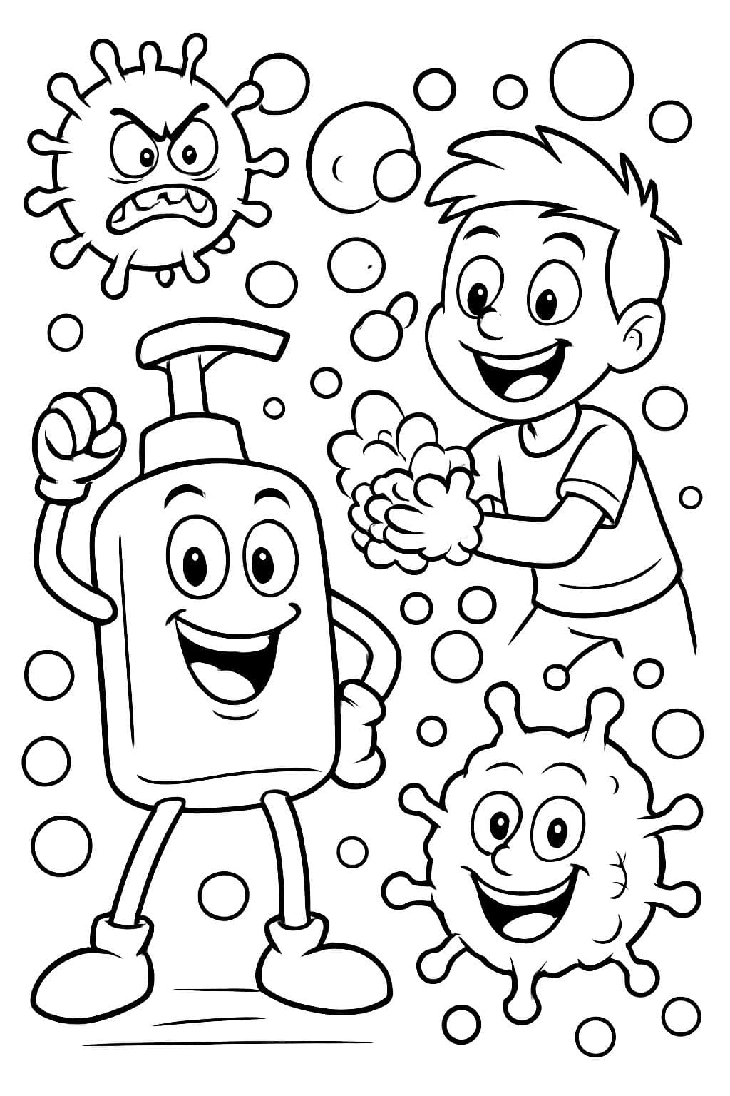 Germes caricatos e bobos contra bolhas de sabão felizes e heróis da lavagem de mãos