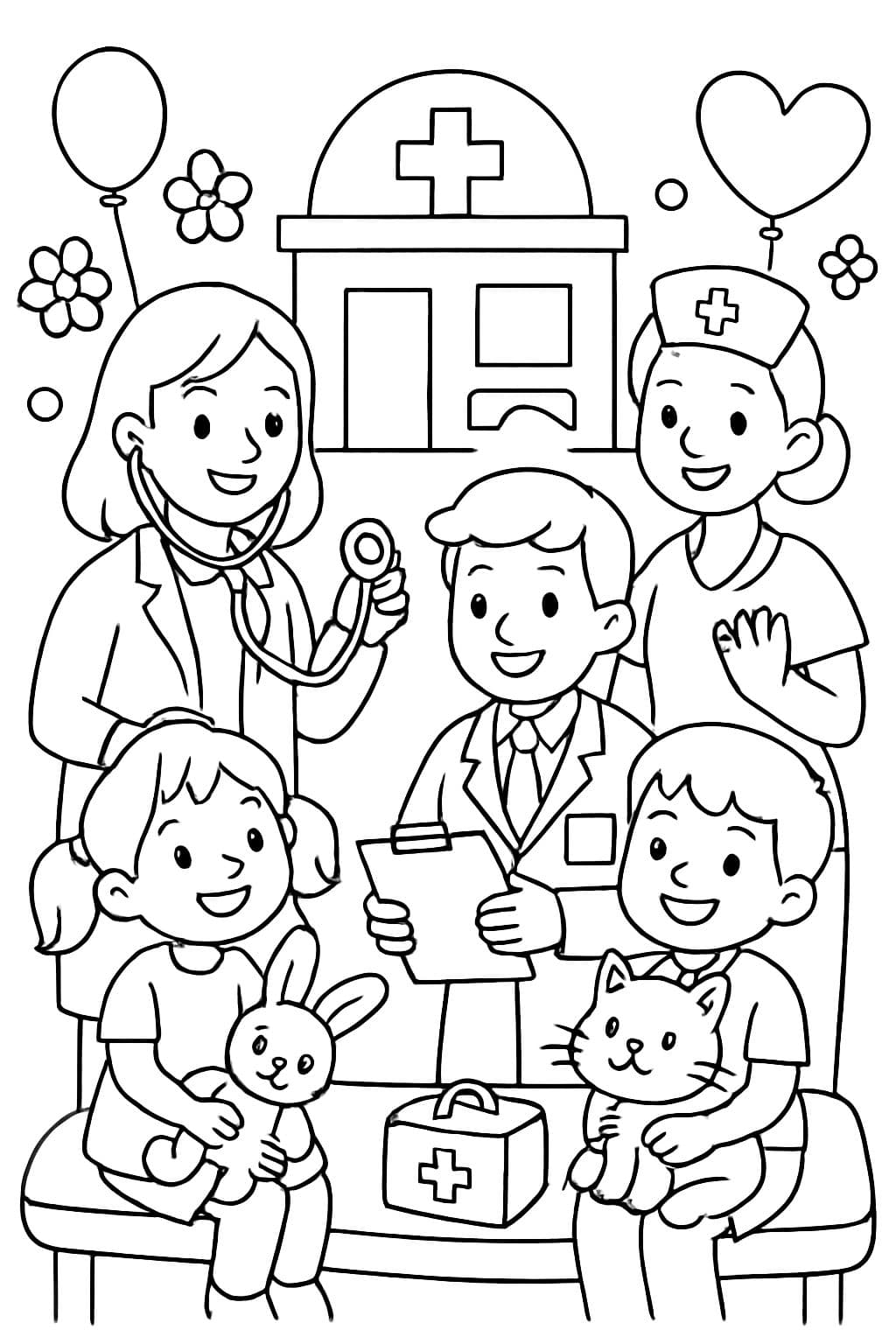 Tag des Arztes in der Klinik. Eine freundliche Klinikszene mit Ärzten, Krankenschwestern und Kindern. Einschließlich spielerischer Elemente: lächelnde Tiere als Patienten, farbenfrohe medizinische Werkzeuge und Blumen oder Ballons im Hintergrund.
