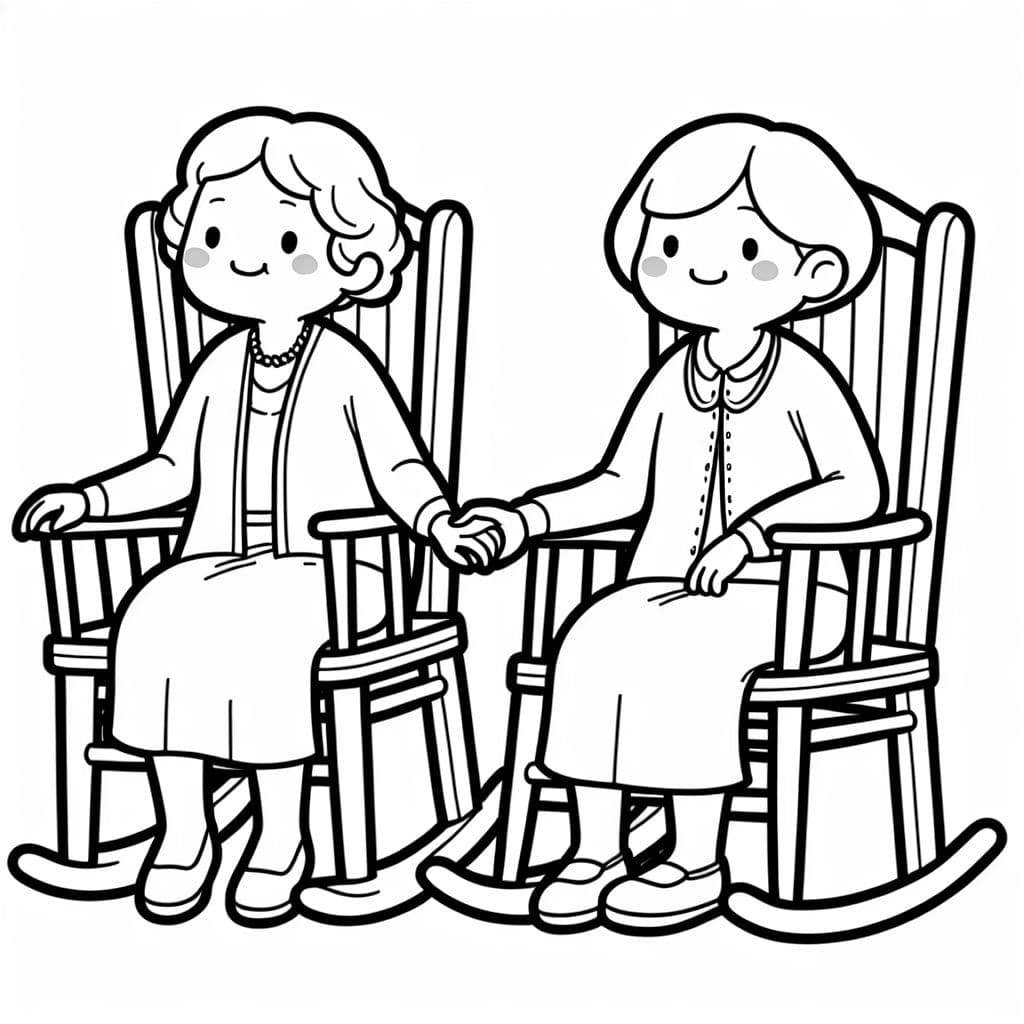 Two old ladies holding hands in rocking chairs