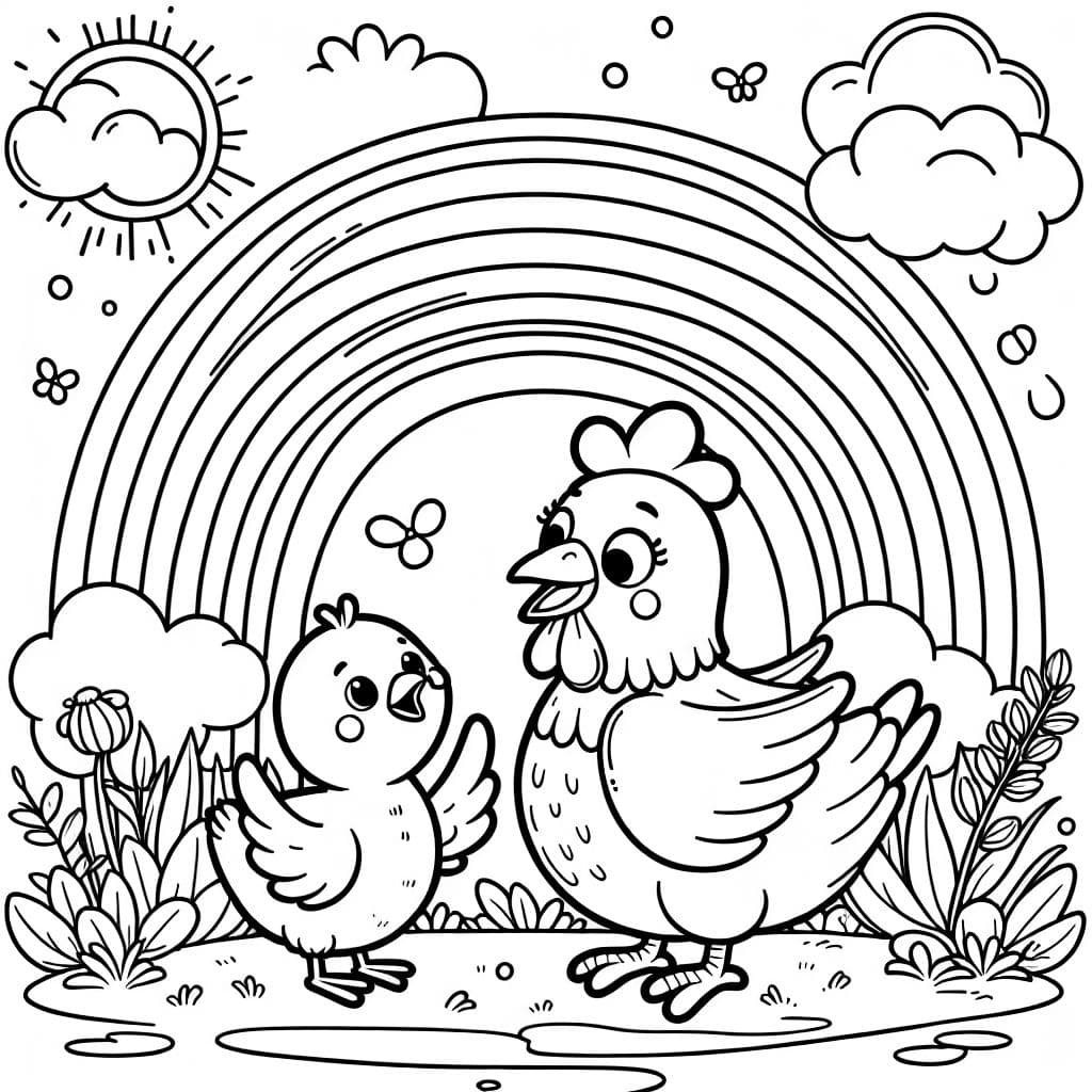 A chicken and a duck under a rainbow together