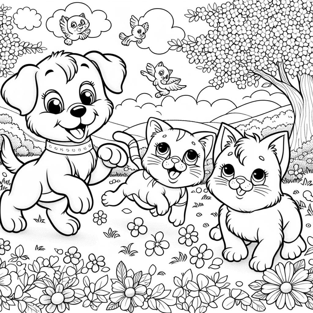 Puppy and two cats playing in a meadow with flowers