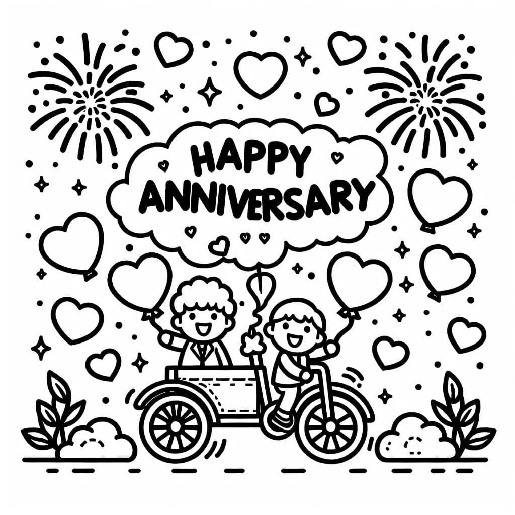 Happy anniversary surrounded by hearts and fireworks