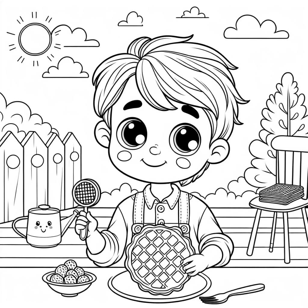 a boy with ceiling fans for eyes holding a waffle