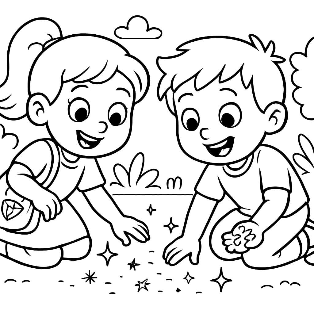 Dessin à colorier en noir et blanc : Fille aide un garçon à ramasser des paillettes par terre, diamant scintillant dans sa poche, contours simples, adapté aux enfants