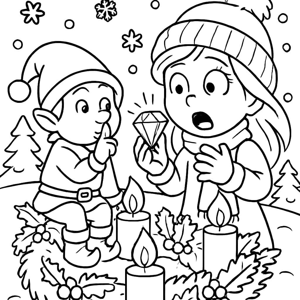Un gnomo de invierno está sentado en una corona de Adviento y susurra. Una niña se ve asustada y tiene un diamante en la mano.