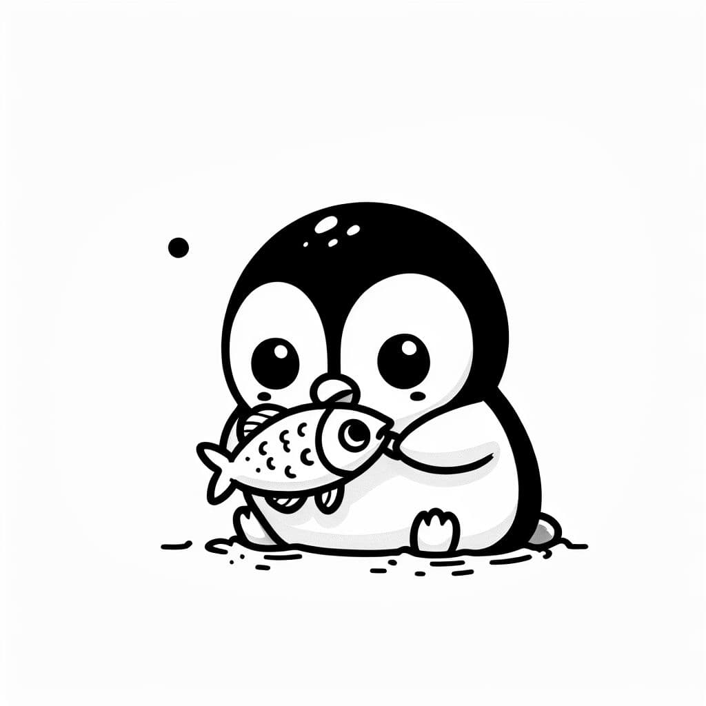 Un bebé pingüino comiendo un pez en el océano