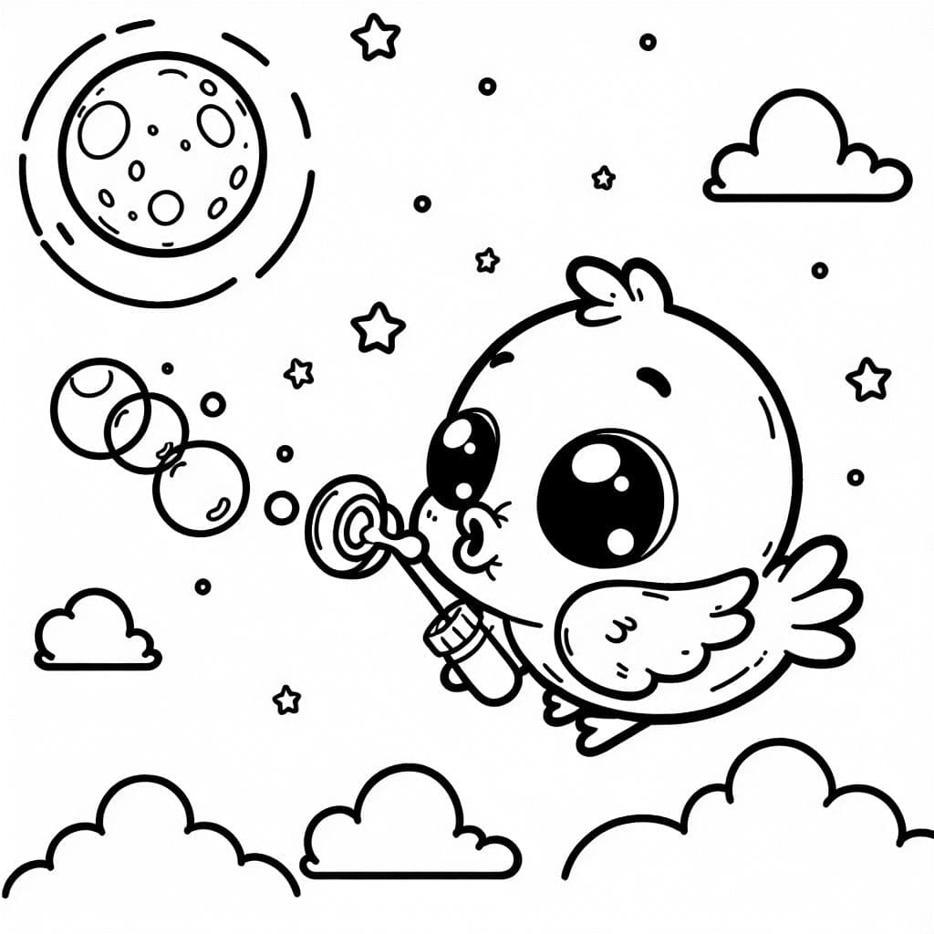 Un bébé oiseau souffle une bulle avec la lune dans le ciel mais ne rends pas le ciel noir.
