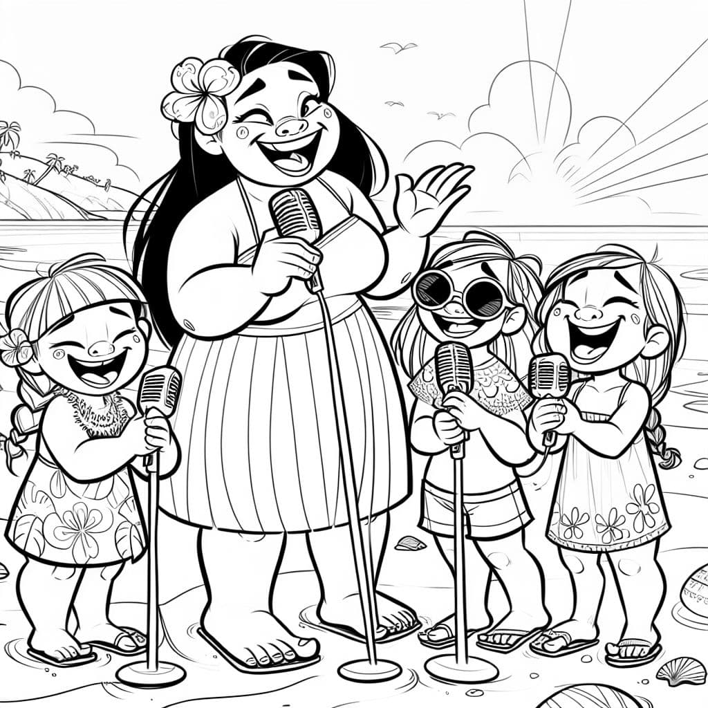 A big sister with her little sisters singing with microphones on the beach on a sunny day