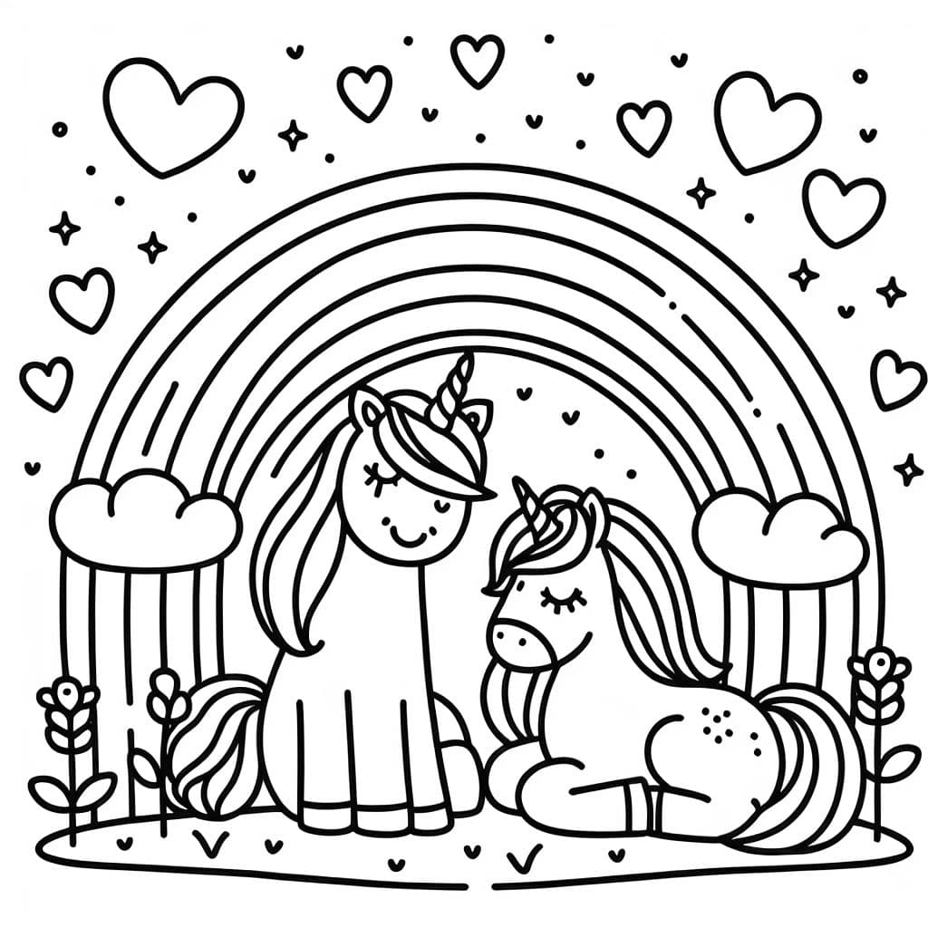 Arcoíris con unicornio y caballo con corazones