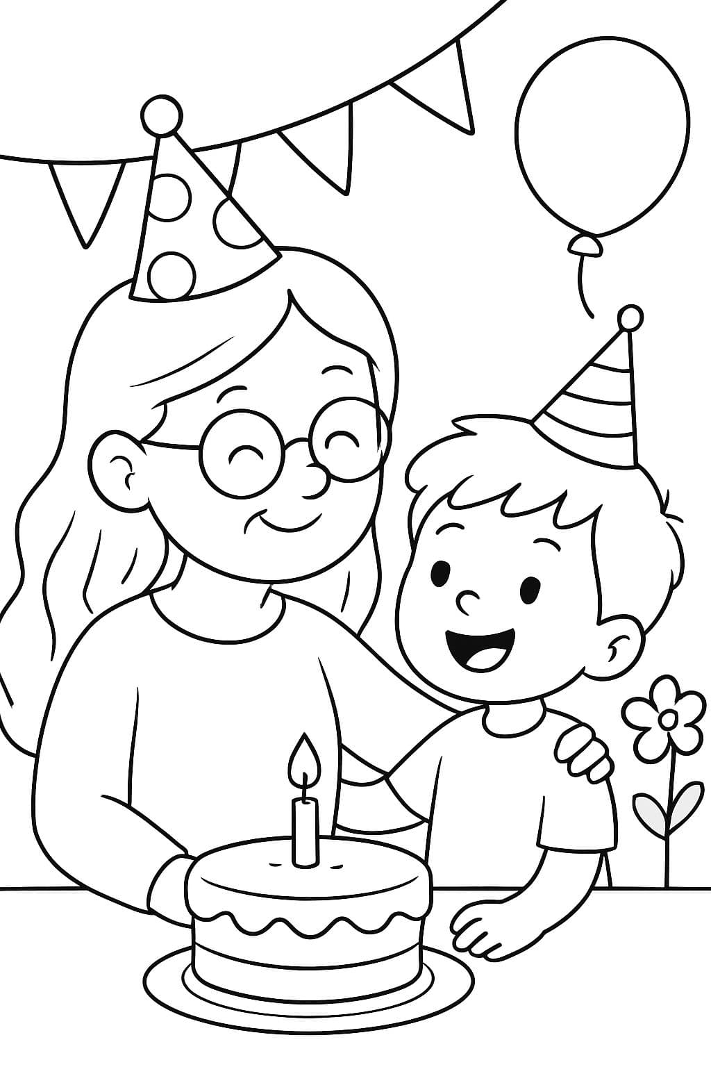 Junge Oma mit langen Haaren mit Enkel am Geburtstag der Oma