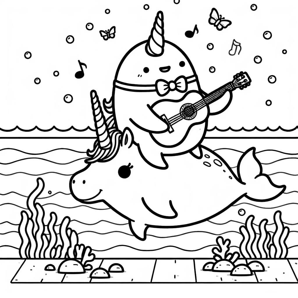 "narwhal wearing a bowtie riding a unicorn in the ocean while playing a guitar