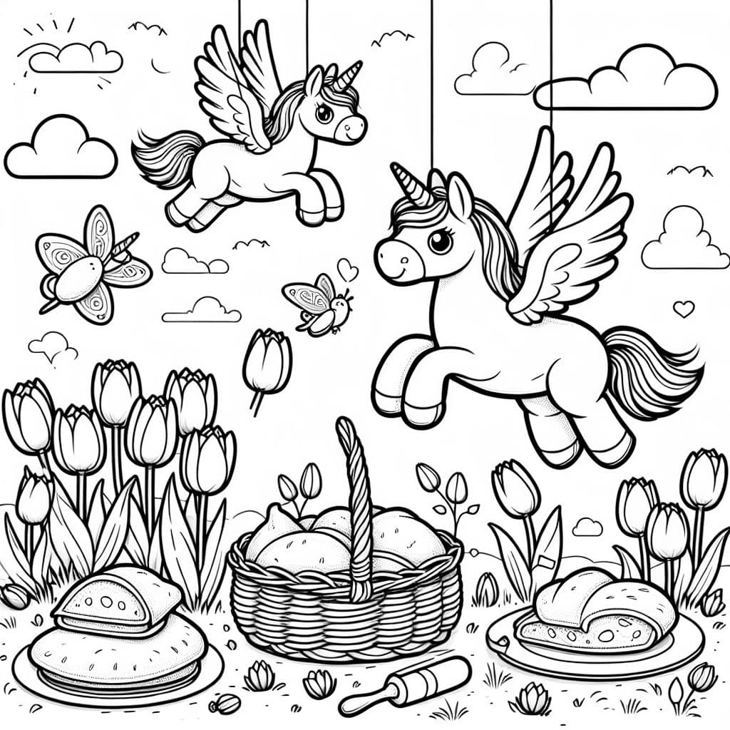 fliegende Einhörner essen burek im tulpenbeet