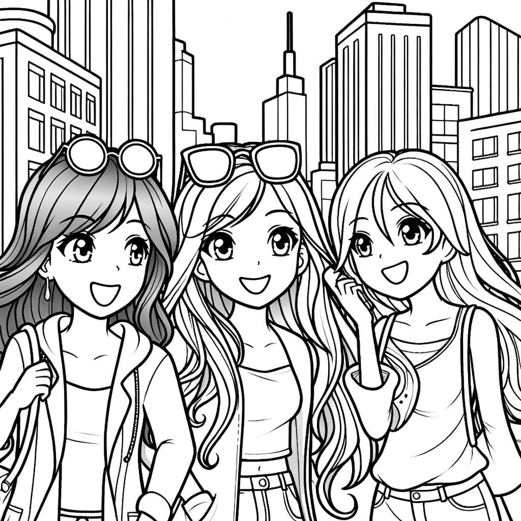 3 jóvenes mujeres caminan por la ciudad y conversan. 2 mujeres con cabello largo castaño, una con cabello rubio hasta los hombros y grandes gafas.