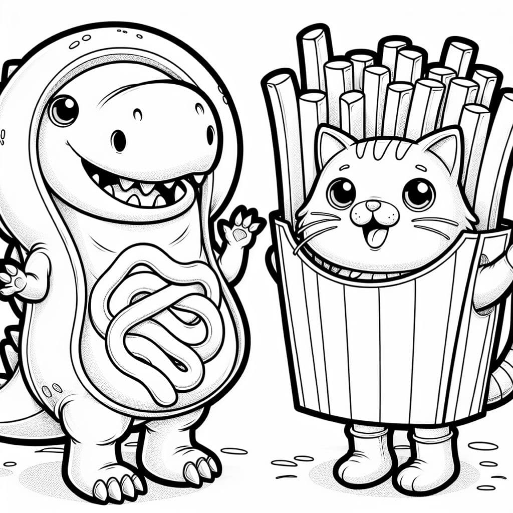 Un dinosaure déguisé en saucisse et un chat déguisé en frites
