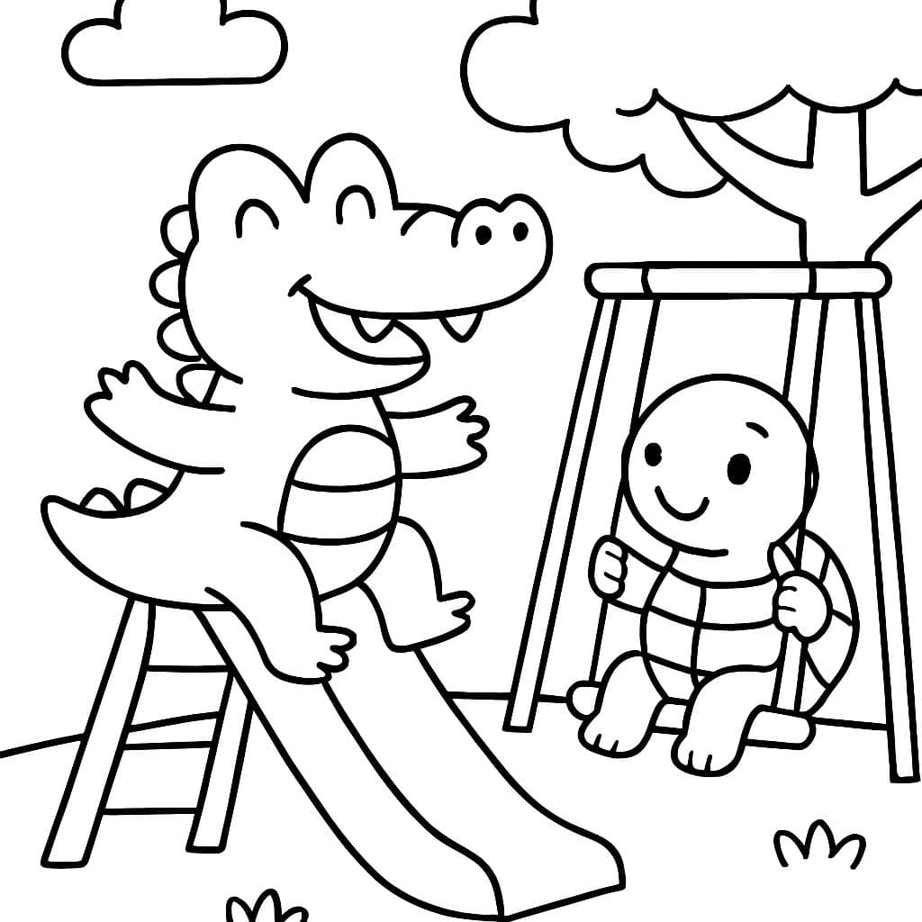 Un caimán y una tortuga jugando en el patio de juegos.