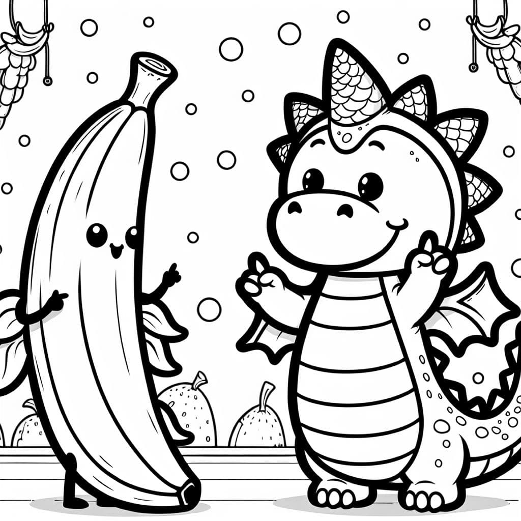 Un dragón con un disfraz de plátano, perfecto para que los niños coloreen.