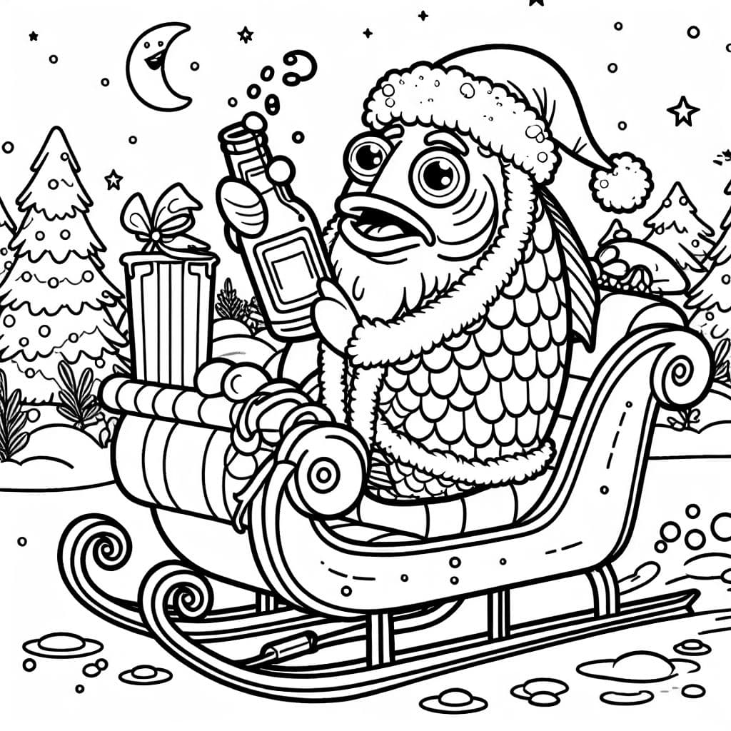 Ein Fisch als Weihnachtsmann verkleidet, betrunken auf einem Schlitten.