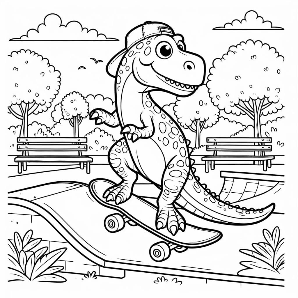 Ein Dino auf einem Skateboard in einem Skatepark