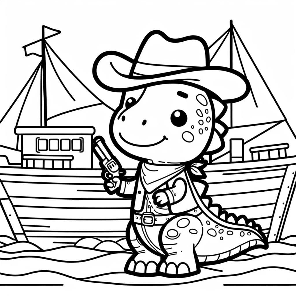 Ein Dino in einem Cowboy Anzug ohne Waffen auf einem Schiff