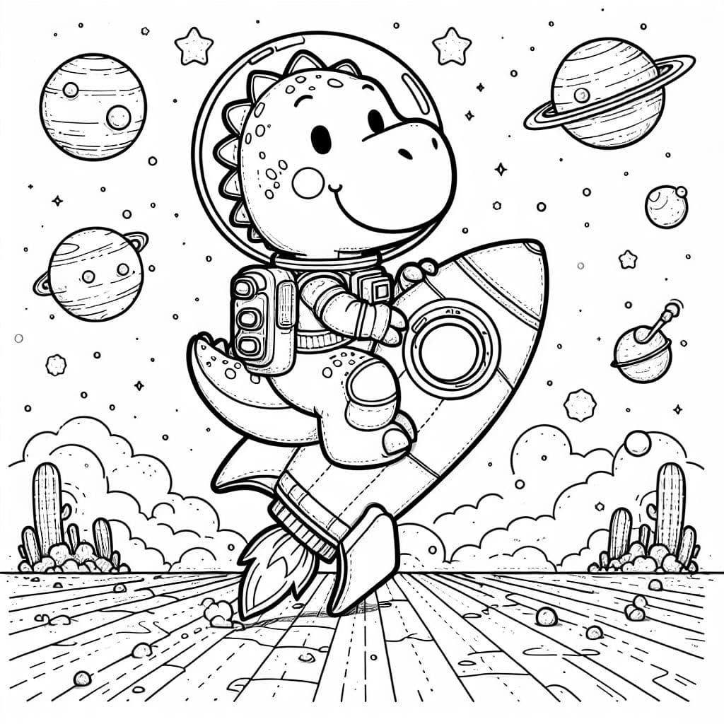 Ein Dino als Astronaut auf einer Rakete im All